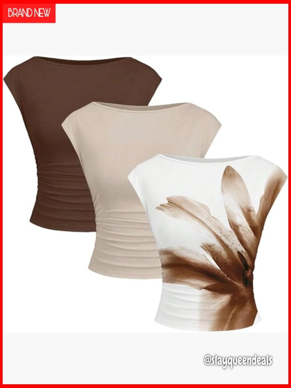 3 Pack Slim Fit Crop Tees with Floral Print, Boat Neck, Cap Sleeve